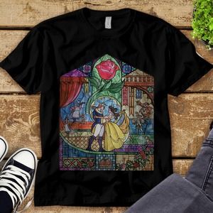 Disney Beauty & The Beast Stained Glass Rose Graphic Unisex Tee Adult T-shirt